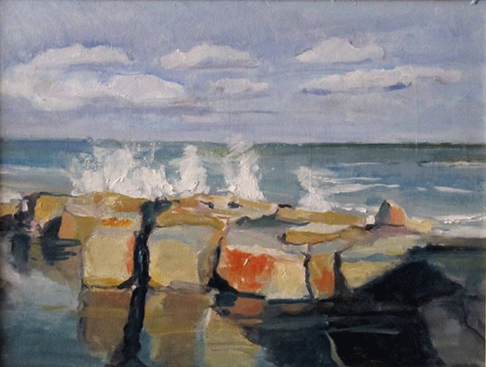 Onde che si frangono sul molo di Rimini  (waves breaking on the Rimini jetty) Leonetta Rossi painter