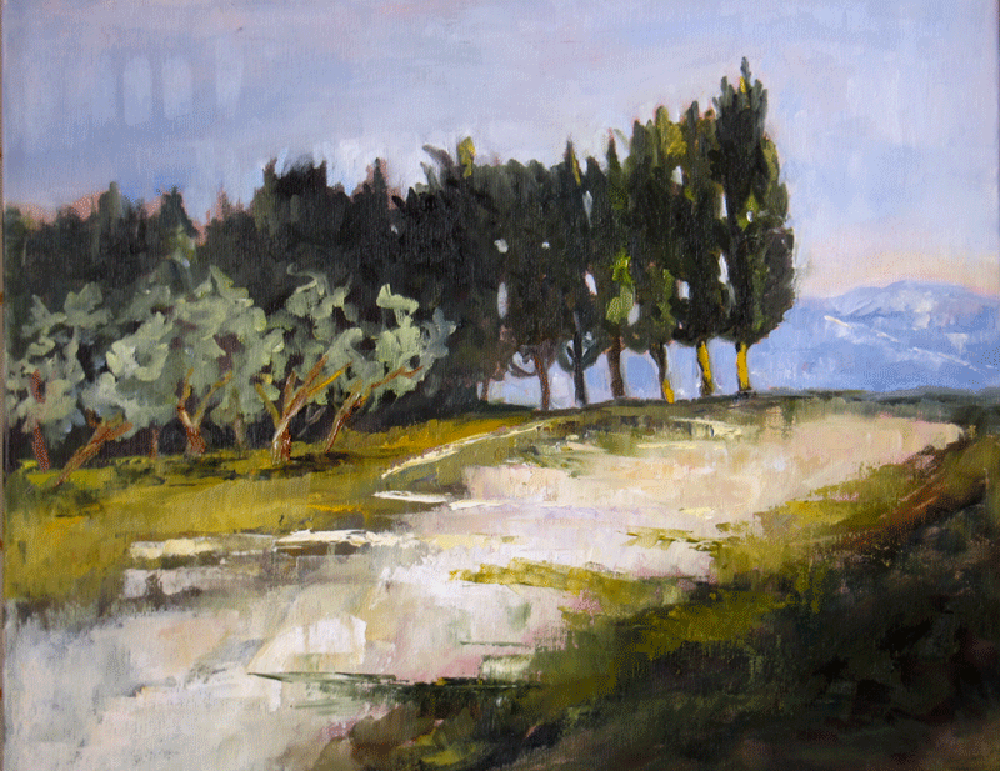 Cipressi (cypress trees on the hill)  Leonetta Rossi painter